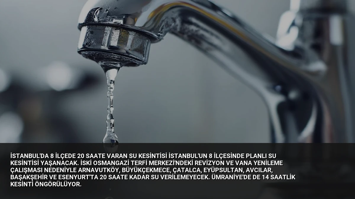 İstanbul’da 8 İlçede 20 Saate Varan Su Kesintisi İstanbul’un 8 ilçesinde planlı su kesintisi yaşanacak. İSKİ Osmangazi Terfi Merkezi’ndeki revizyon ve vana yenileme çalışması nedeniyle Arnavutköy, Büyükçekmece, Çatalca, Eyüpsultan, Avcılar, Başakşehir ve Esenyurt’ta 20 saate kadar su verilemeyecek. Ümraniye’de de 14 saatlik kesinti öngörülüyor.